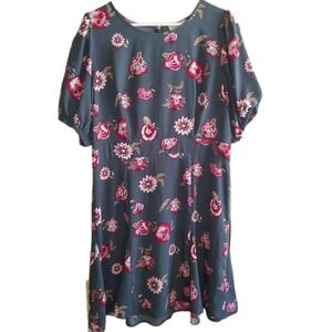 LOFT Dress 12 Gray Red Floral Fit n Flare FAIRYCORE ROMANTIC COTTAGE Puff Sleeve